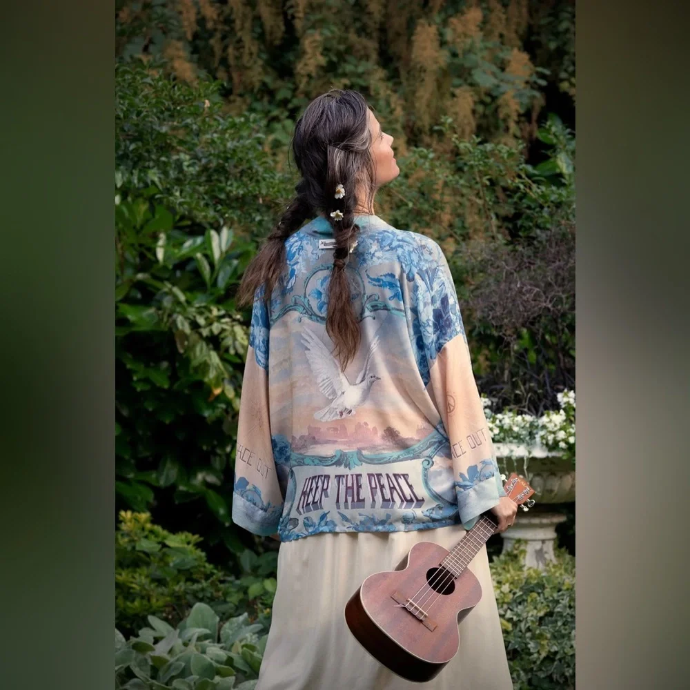 ⭐️Market of Stars⭐️ PEACE OUT Vintage  Art Lightweight Flowy Summer Cardigan - Picture 10 of 16